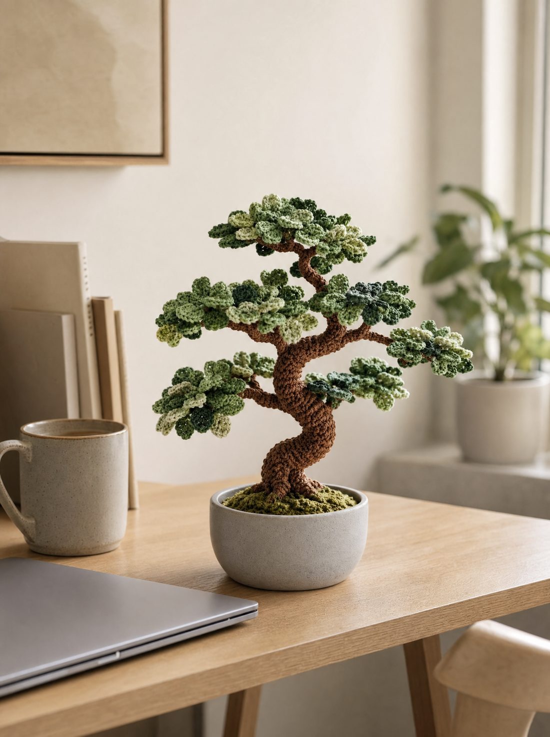 The crochet bonsai on a desk