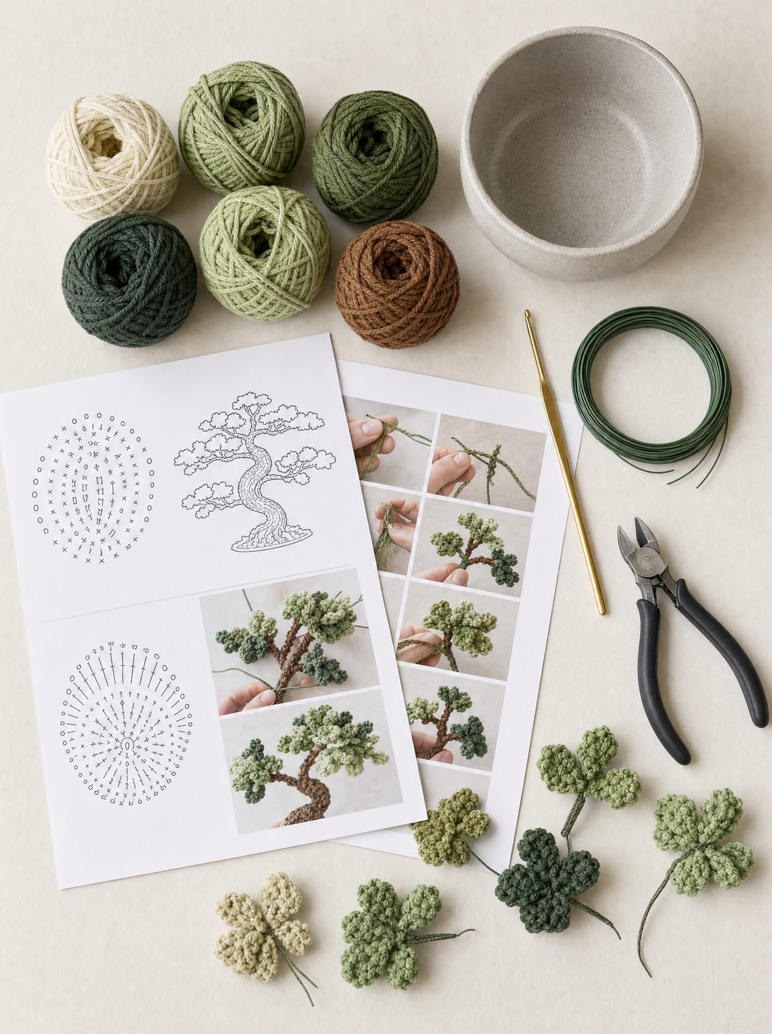 Yarn, hook, wire and printed pattern pages