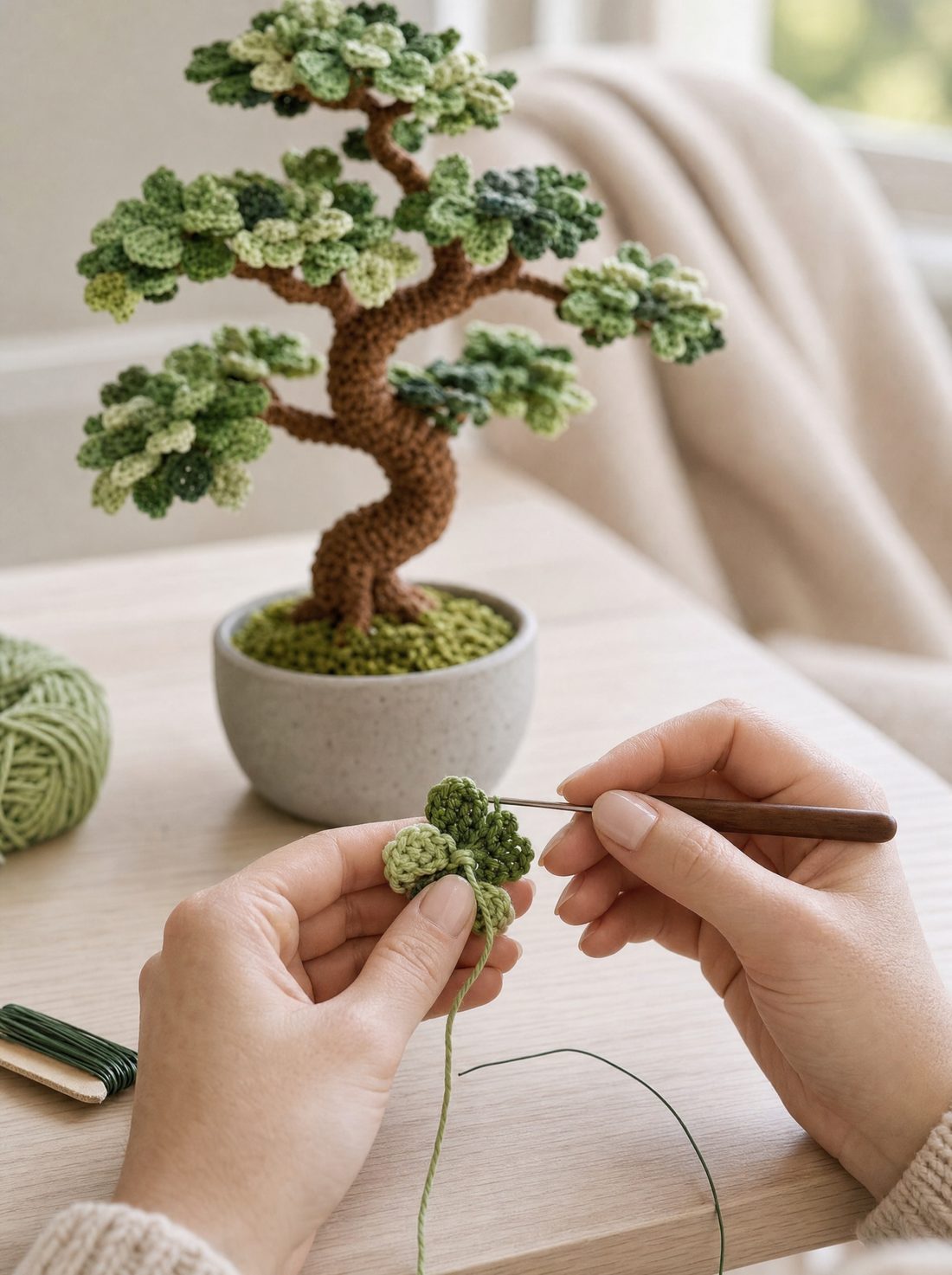 Hands crocheting a small green leaf cluster