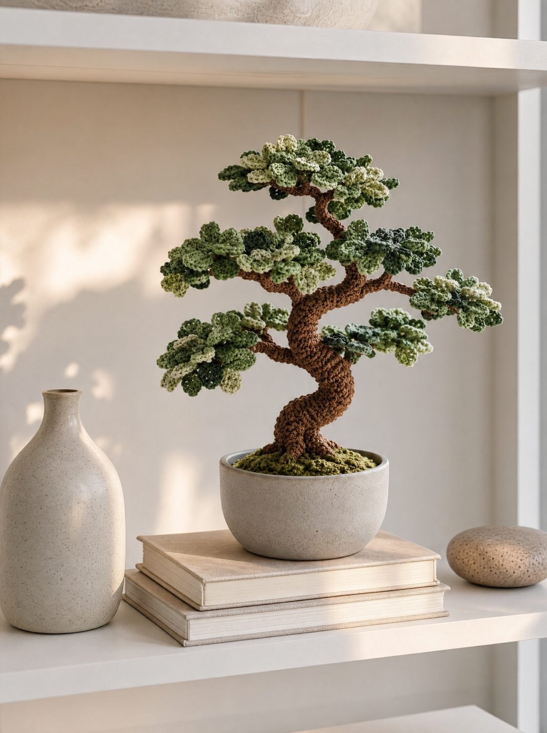 The crochet bonsai styled on a shelf