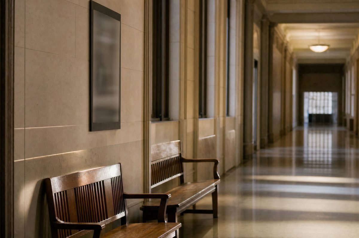 An empty county courthouse corridor with benches and tall windows