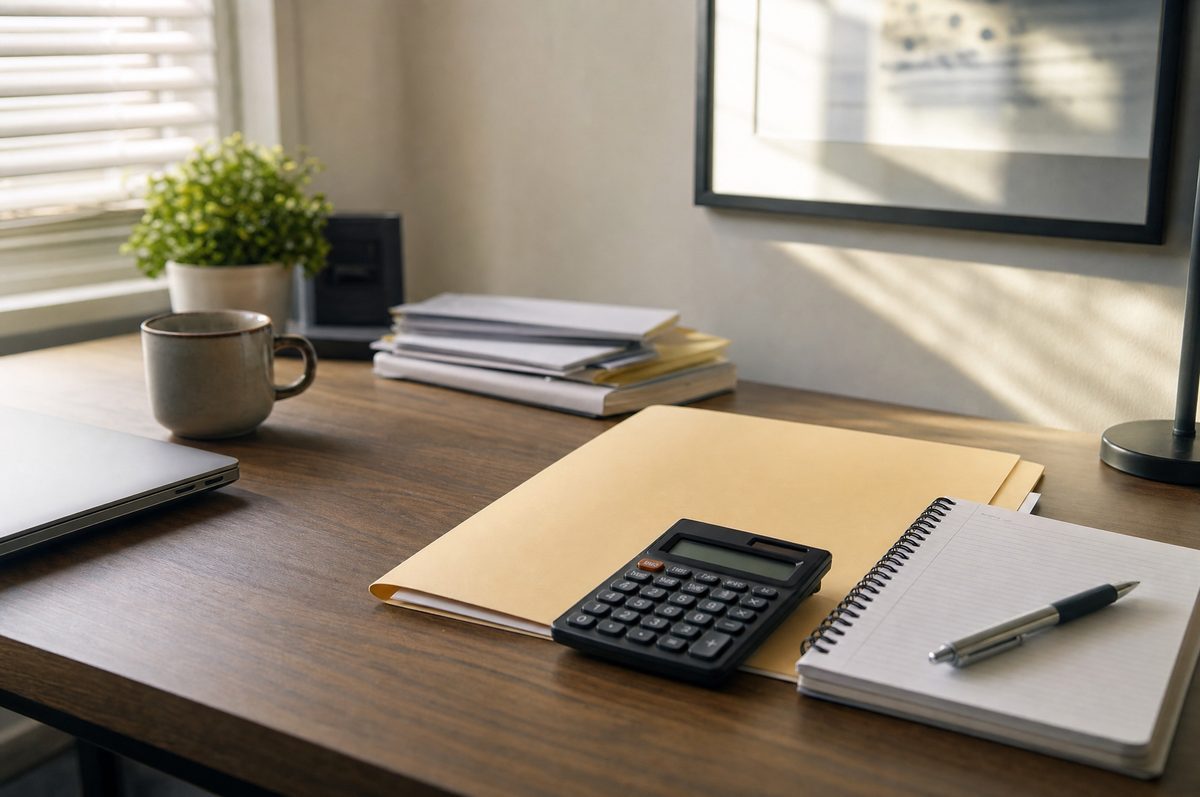 Folder, calculator and notebook on a desk