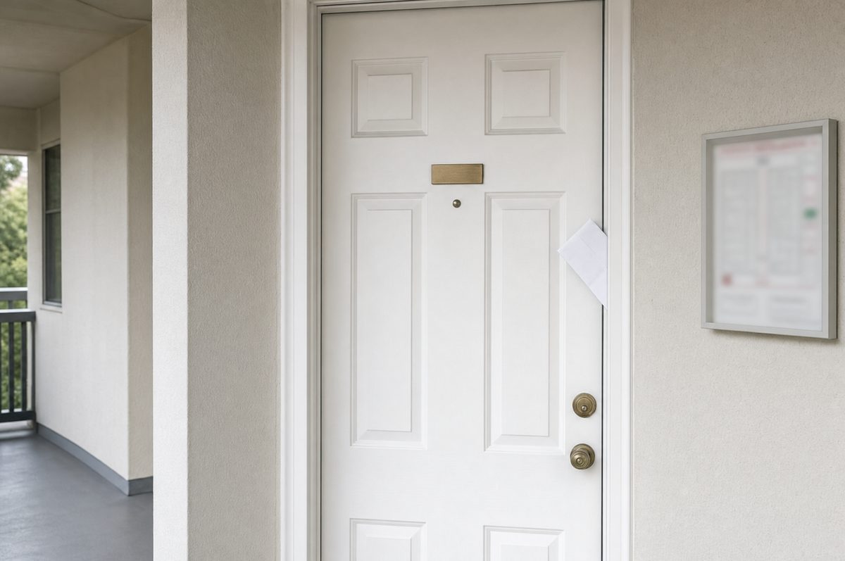 A plain apartment door with an envelope tucked into the frame