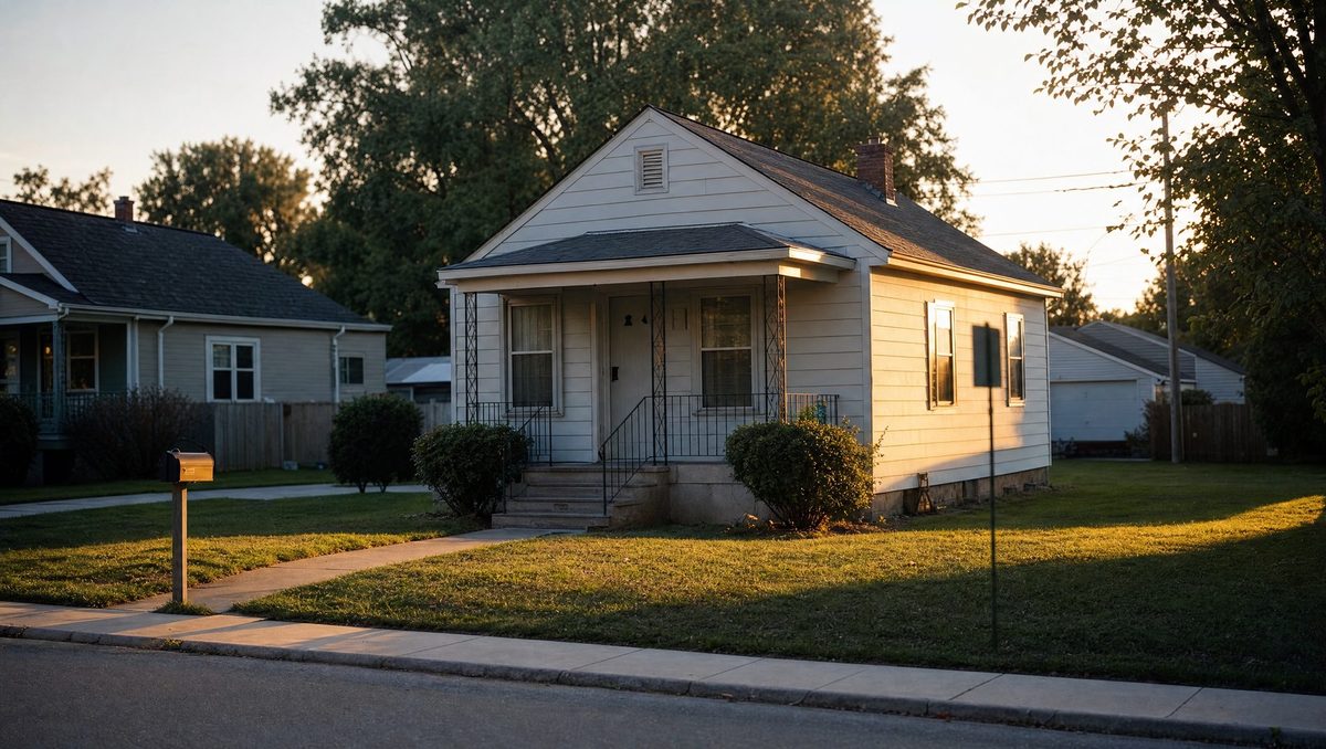 A modest single-family rental house on a quiet street at golden hour