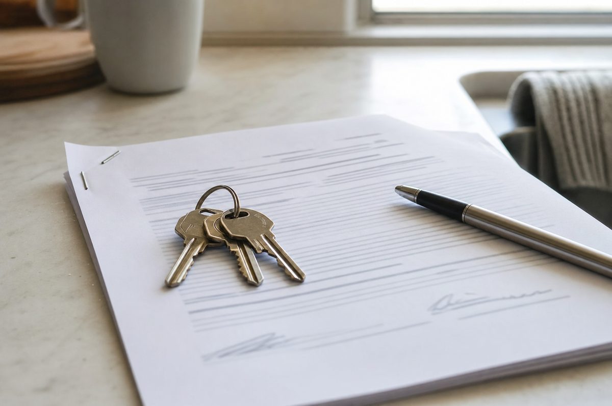 House keys resting on a printed lease document on a kitchen counter