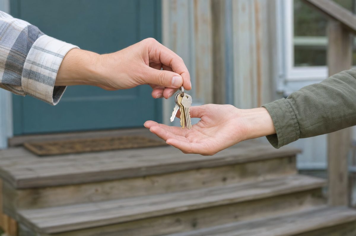 Keys being handed over above a wooden porch step