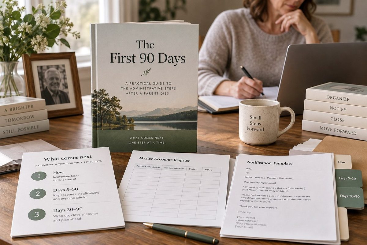 The First 90 Days workbook, account register, notification template and timeline tools arranged on a calm home desk after the death of a parent