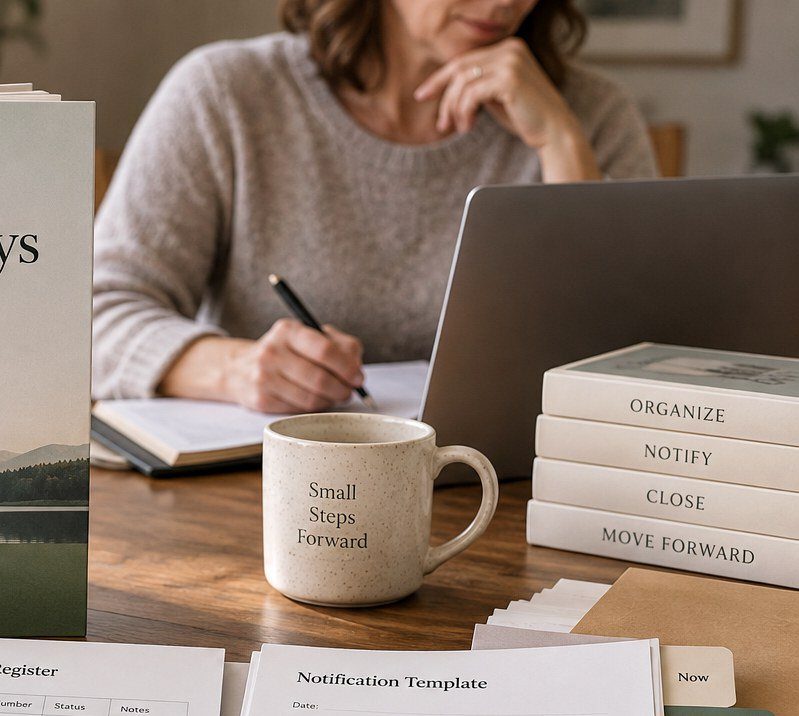 A person working quietly through the First 90 Days paperwork beside a laptop, notes and organized folders