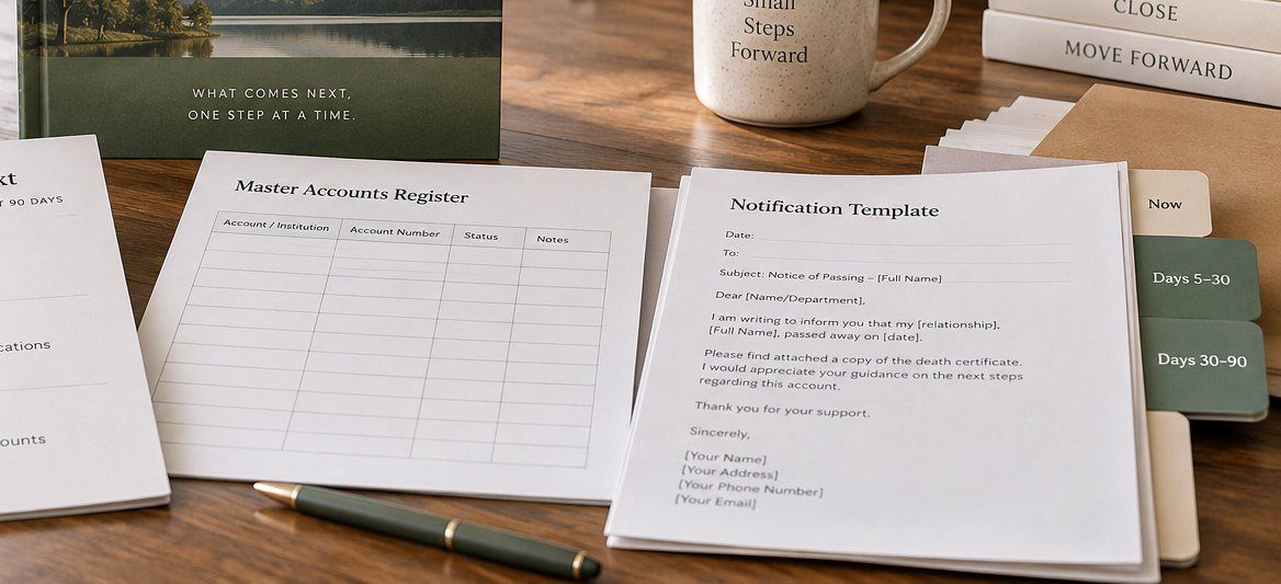 Close-up of the First 90 Days workbook pages including the master accounts register, notification template and three time windows
