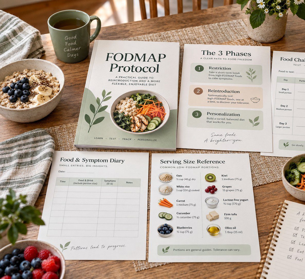 FODMAP Protocol workbook, food journal, challenge worksheet, serving-size guide and calm low-FODMAP meal-planning foods arranged on a warm kitchen table
