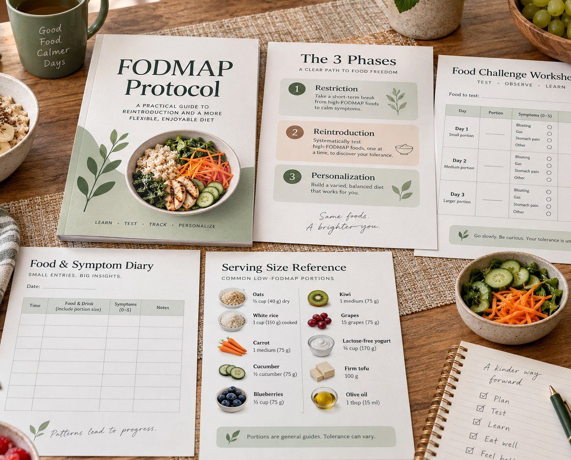 The FODMAP Protocol digital kit arranged as a premium product scene with guide pages, challenge worksheets and a symptom diary