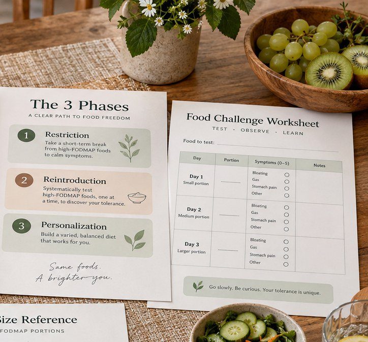 Close-up of the FODMAP Protocol phases page and structured food challenge worksheet