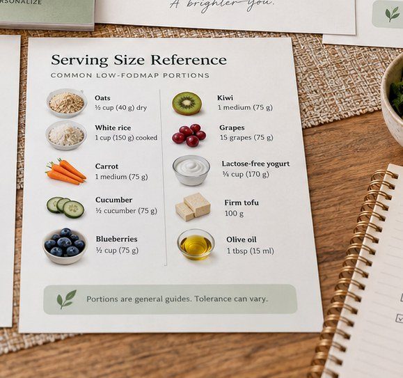 Close-up of the FODMAP serving-size reference guide showing portions and a supportive food journaling context