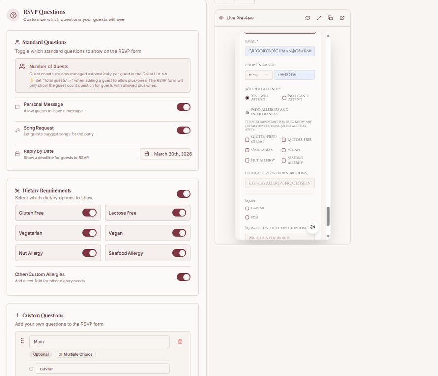 RSVP questions configuration