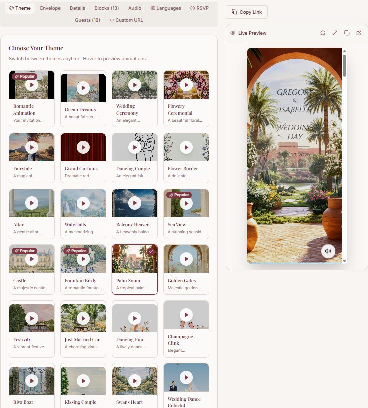 Theme gallery with live preview