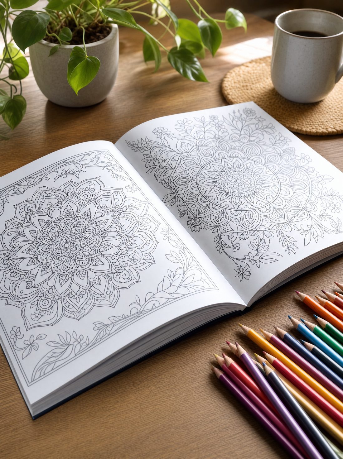 An open coloring book with line art
