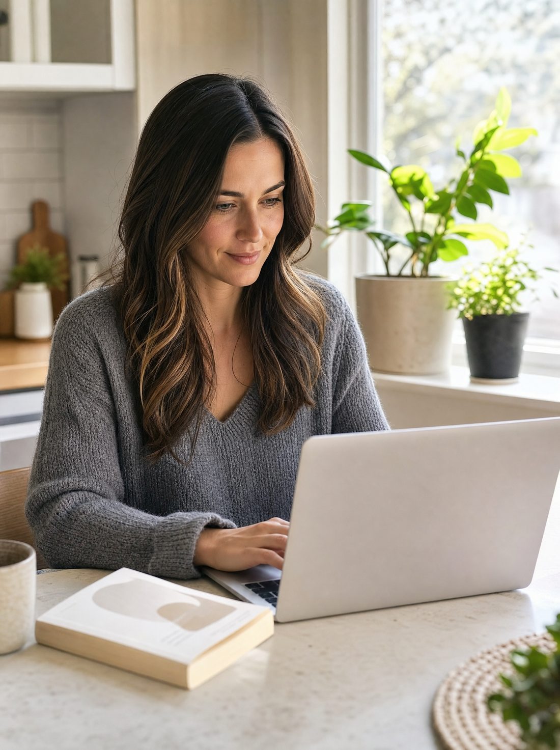 Working on a laptop at a kitchen table