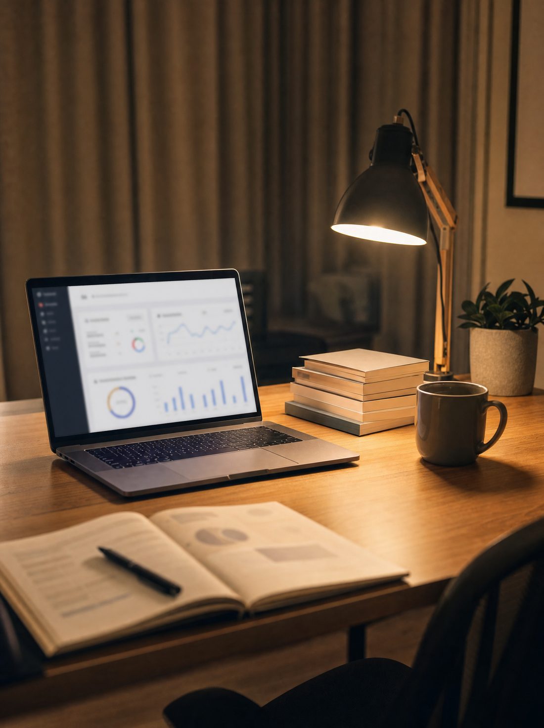 A home office at night with a sales dashboard