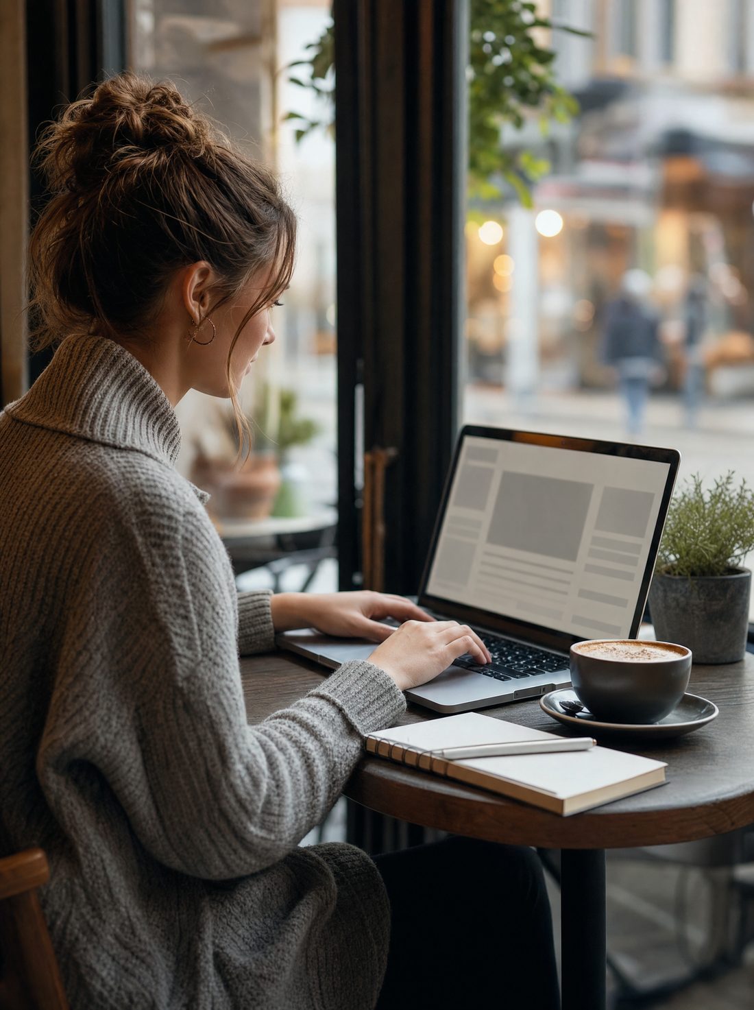 Working on a laptop in a café