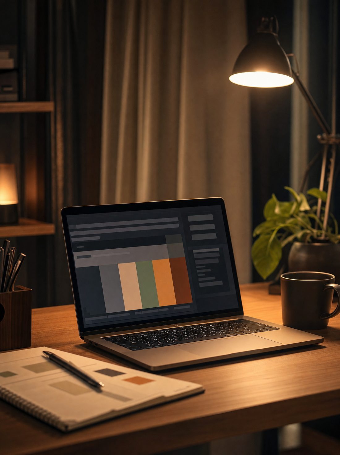 A desk at night with a laptop