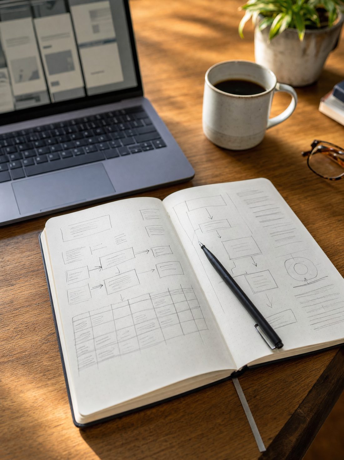 A notebook with hand-drawn planning next to a laptop