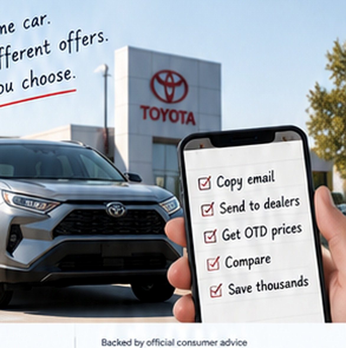 Car buyer reviewing dealership options before visiting the lot
