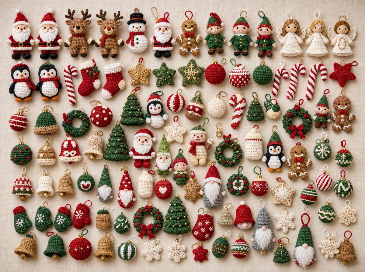A large collection of small crocheted Christmas decorations laid out in a grid: Santas, reindeer, snowmen, penguins, angels, gnomes, stockings, baubles, stars, bells, mittens and wreaths.