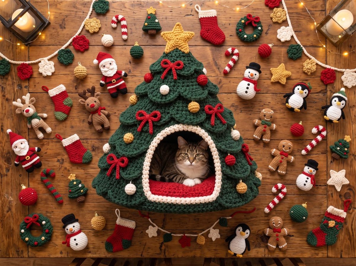The green crocheted Christmas tree cat bed surrounded by dozens of small crocheted Christmas decorations: Santas, reindeer, snowmen, gingerbread men, stockings, baubles and stars.