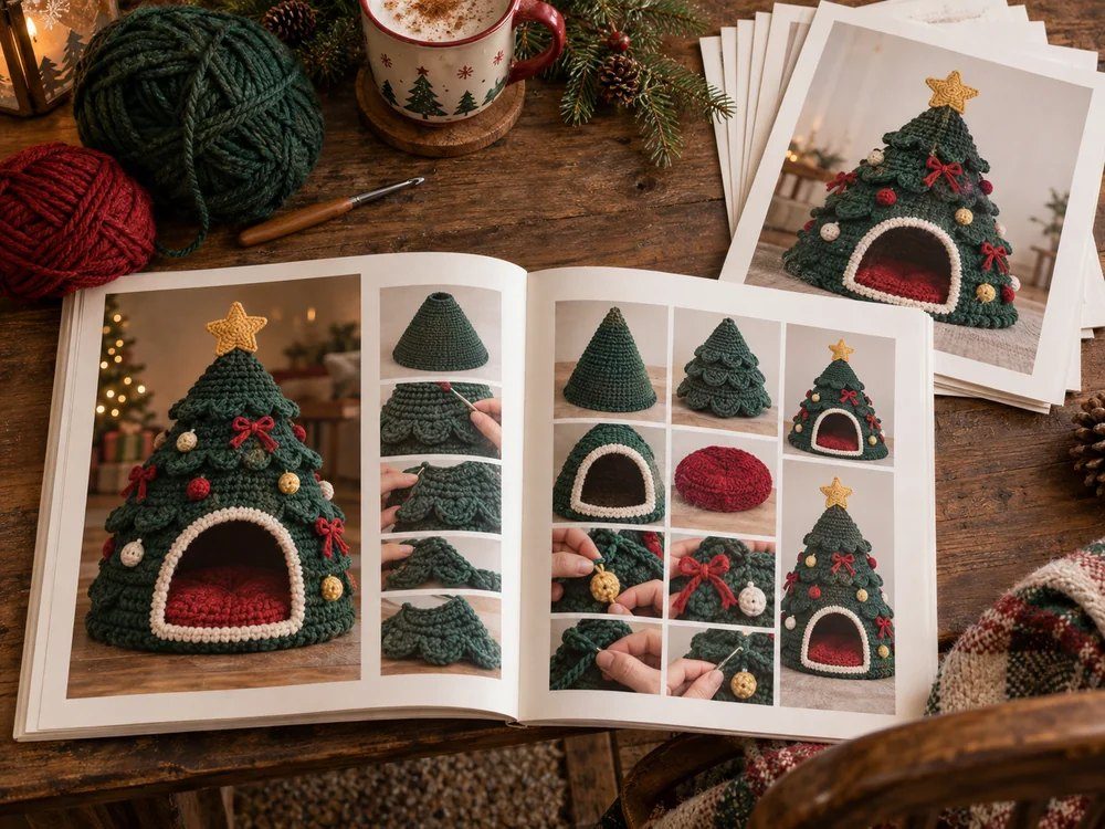 Illustrative crochet pattern pages and a booklet featuring the Christmas tree cat bed.