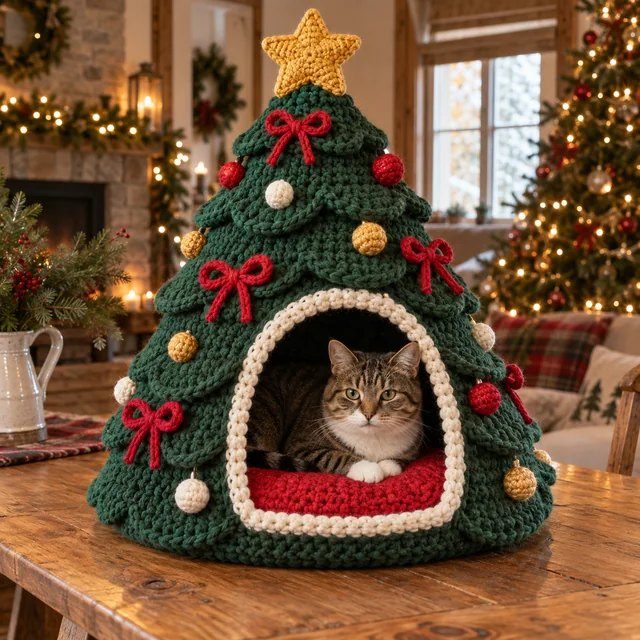 The completed green Christmas tree cat bed with red bows, a yellow star and a cat inside.