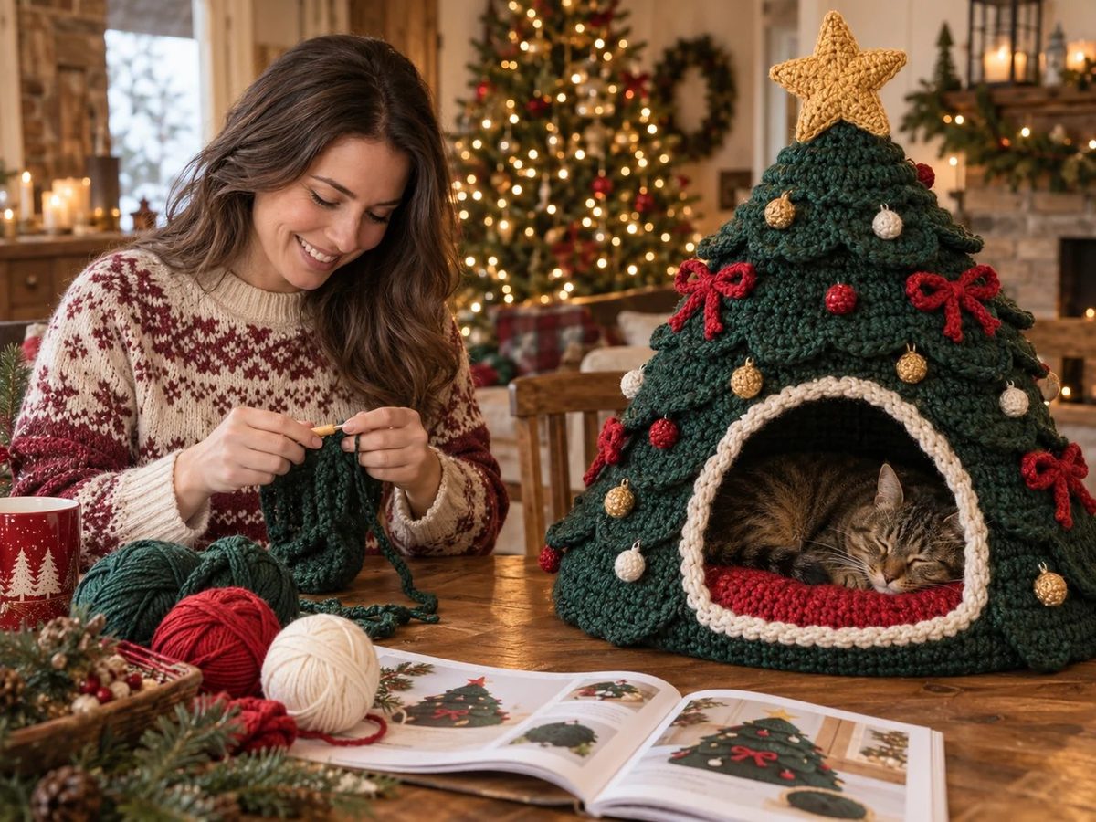 A crafter at a festive wooden table beside a green crocheted Christmas tree cat bed, with a tabby cat inside.