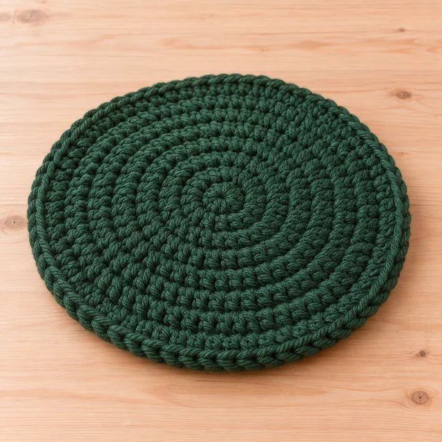 A flat circular green crocheted base.