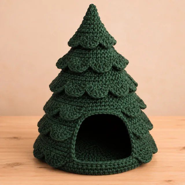A tree-shaped green cat cave with scalloped crochet layers.