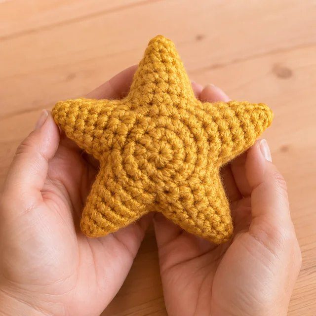 Hands holding a five-pointed yellow crochet star.