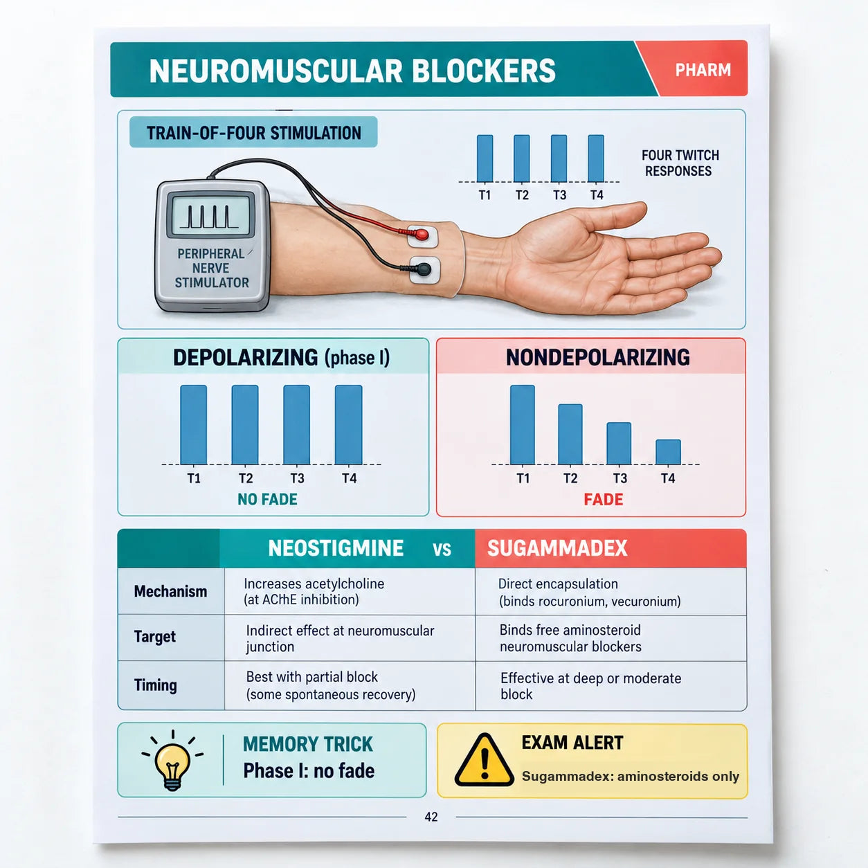 Neuromuscular blockers page: depolarizing vs nondepolarizing, with train-of-four patterns and reversal drawn