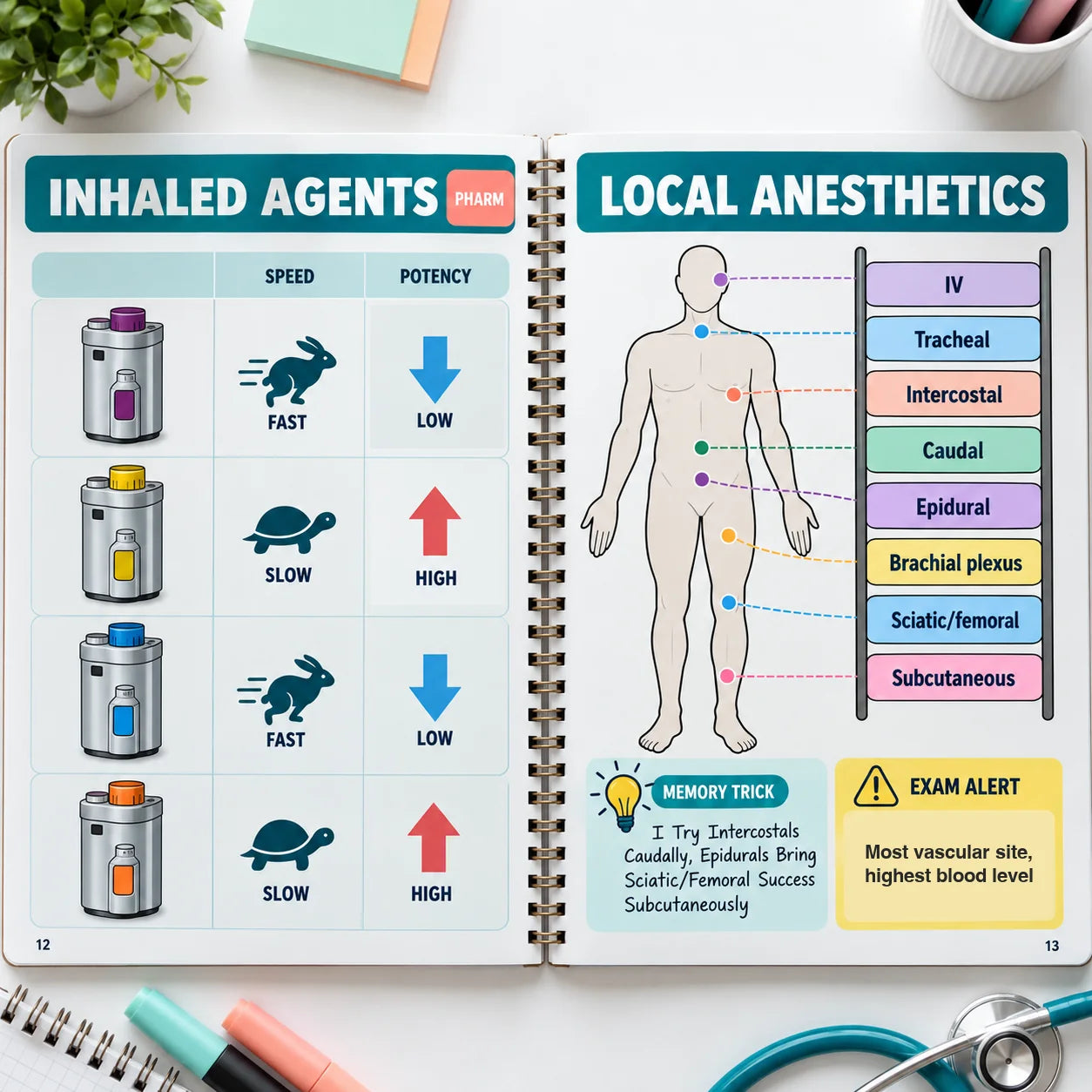Open spread: inhaled agents compared on the left, local anesthetics and regional anesthesia on the right