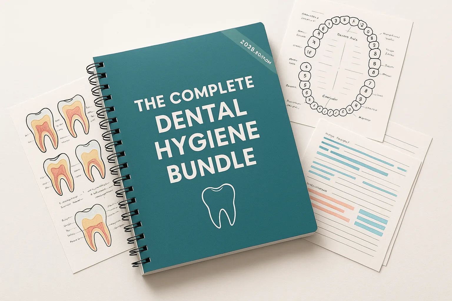 The Complete Dental Hygiene Bundle spiral-bound book surrounded by illustrated pages