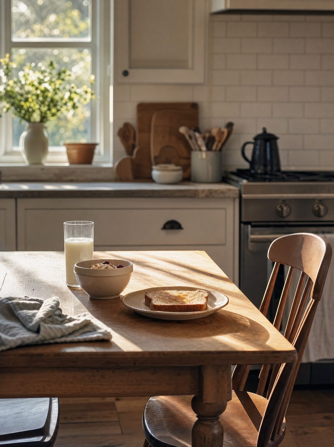 A small breakfast laid out on a sunlit table
