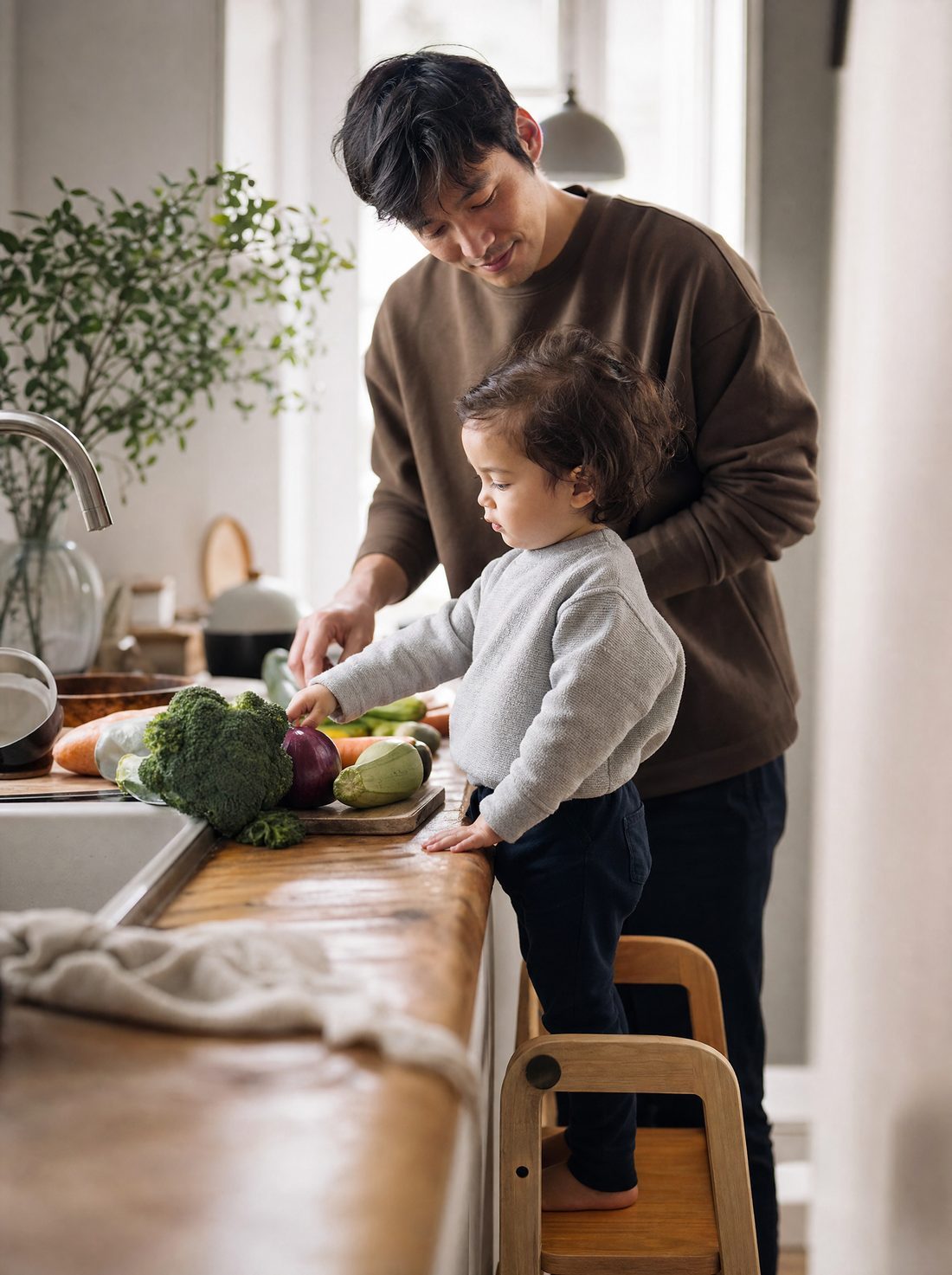 A child exploring vegetables in the kitchen