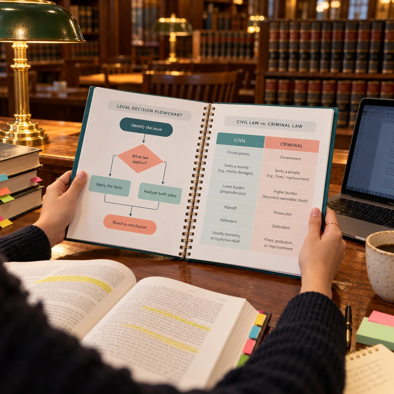 1L student holding the open bundle at a library desk