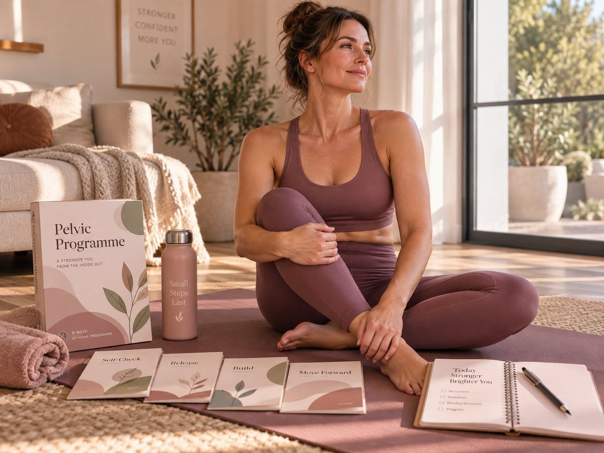 Woman in a calm home wellness setting with Pelvic Programme materials on a yoga mat