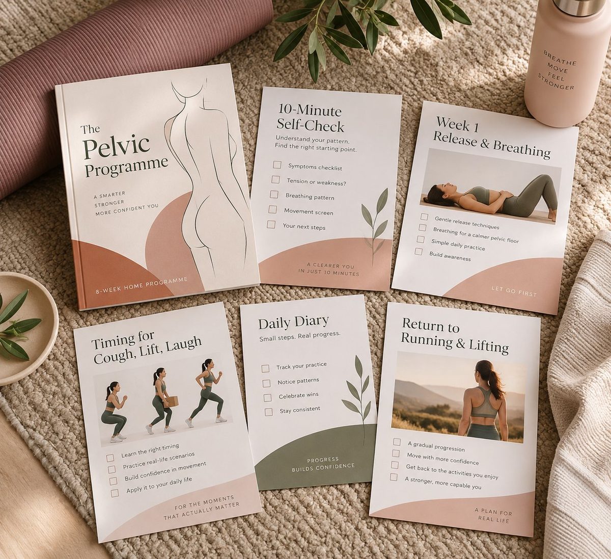 Pelvic Programme kit including self-check, release and breathing, timing, diary and return to running and lifting materials
