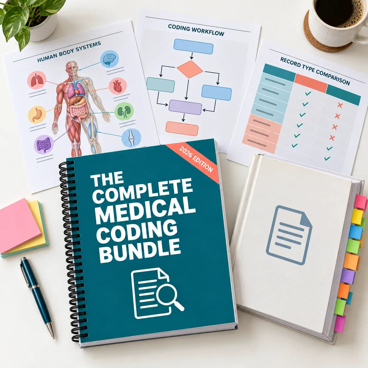 The Complete Medical Coding Bundle spiral-bound book surrounded by illustrated pages