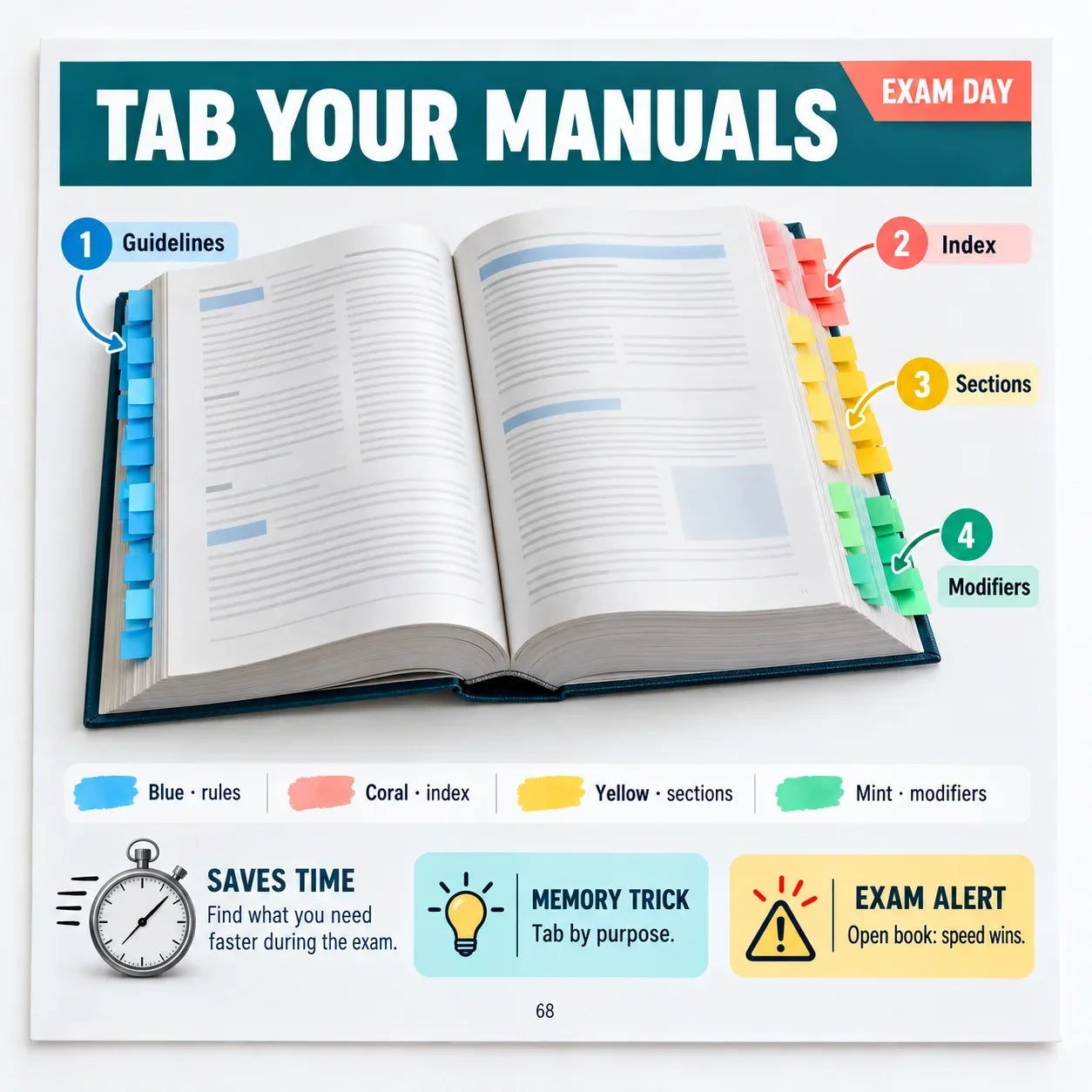 Manual tabbing guide: color-coded tabs and highlighting system