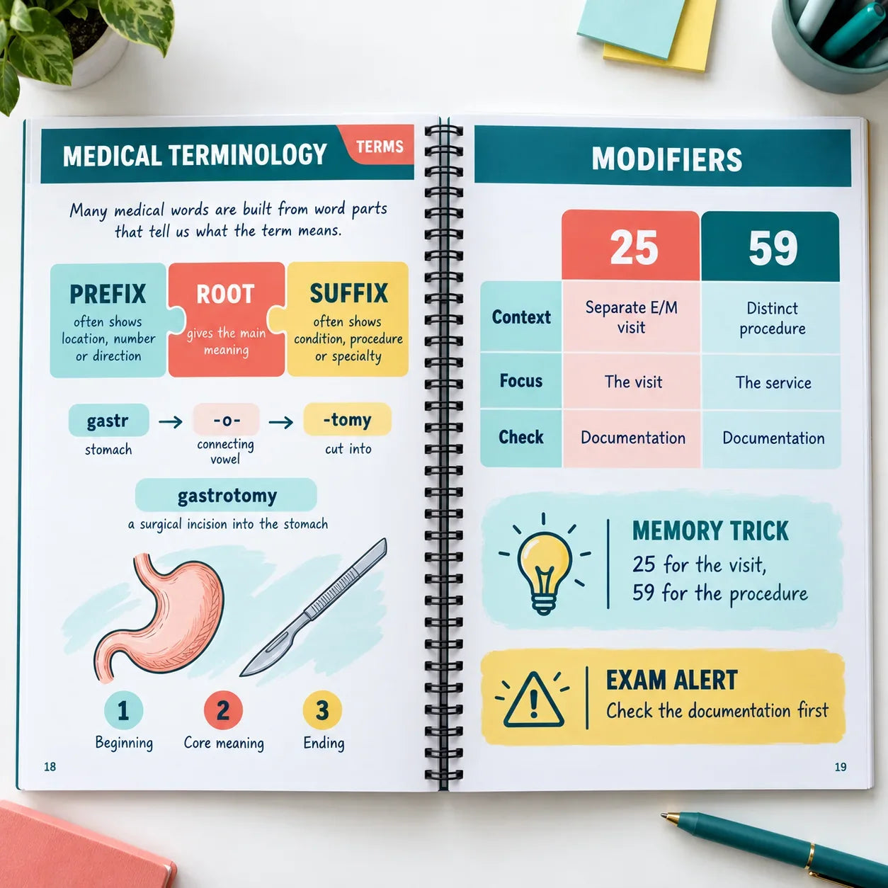 Open spread: medical terminology word parts on the left, modifiers comparison chart with memory tricks on the right