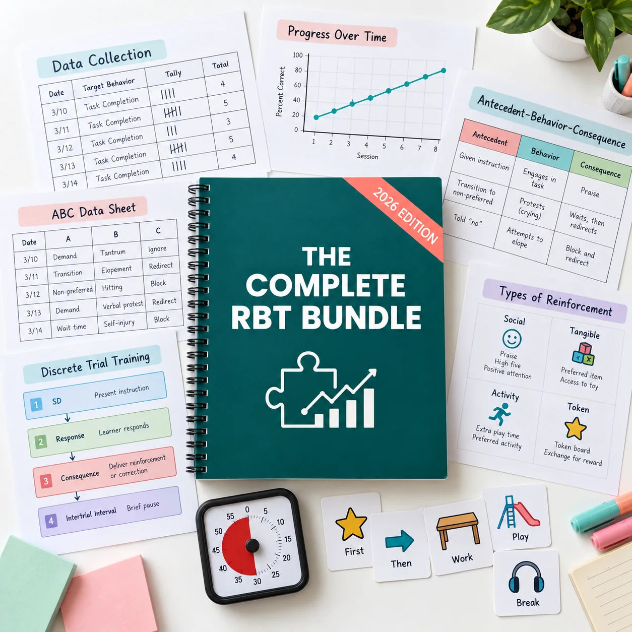 The Complete RBT Bundle spiral-bound book surrounded by illustrated pages