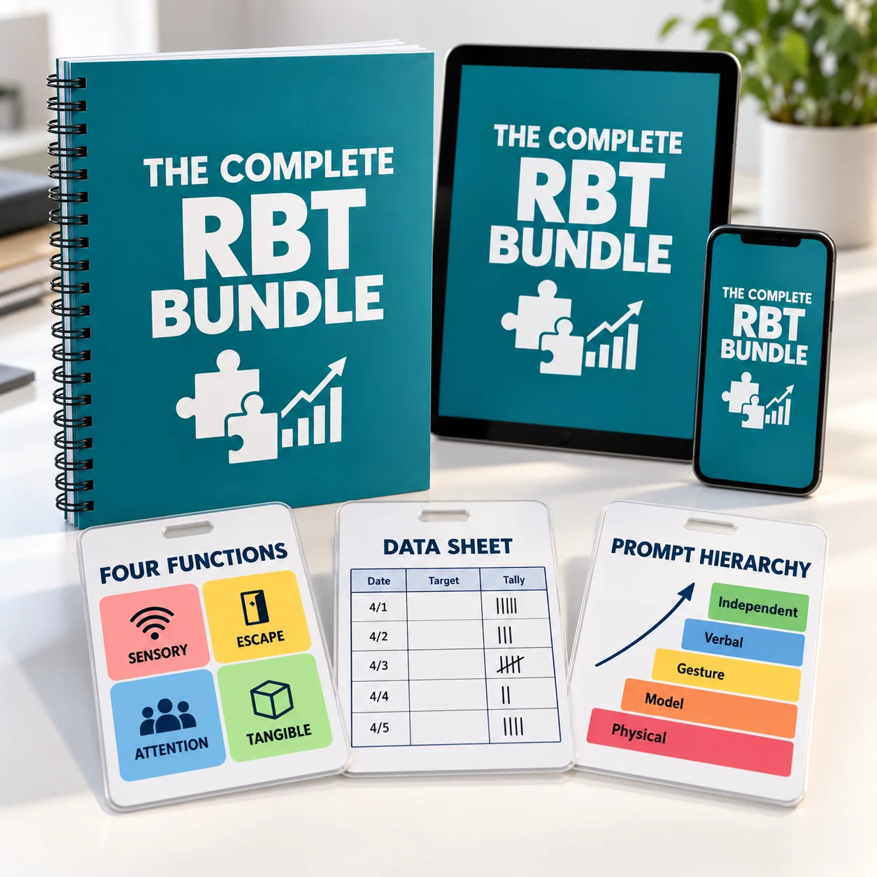Spiral-bound book, phone, tablet and badge cards