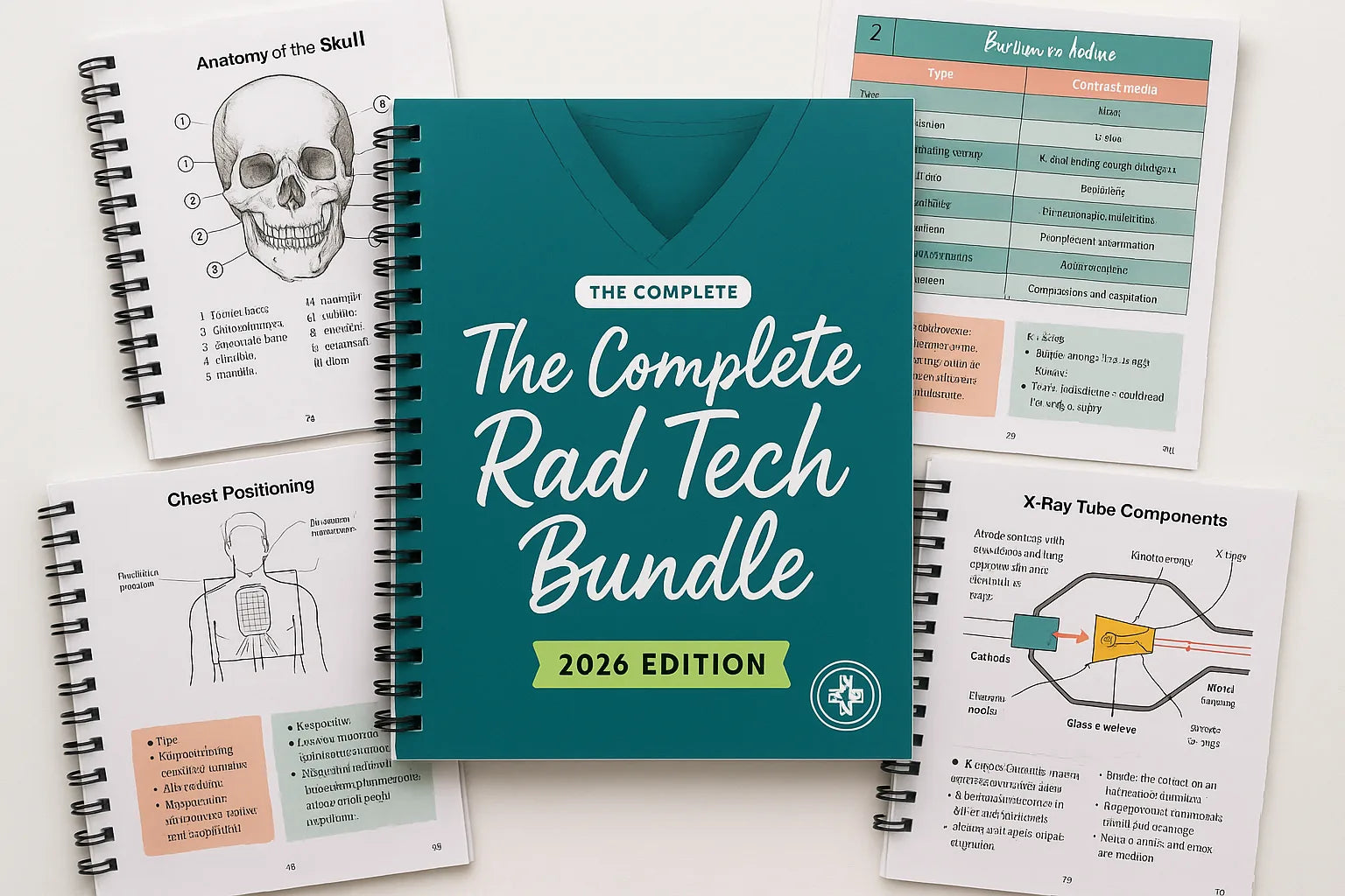 The Complete Rad Tech Bundle spiral-bound book surrounded by illustrated pages