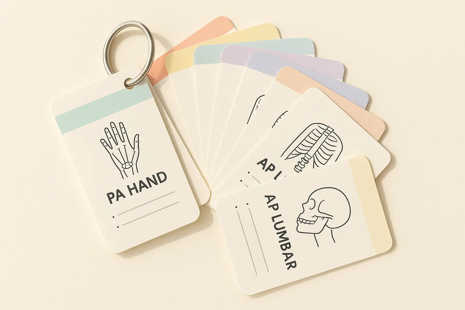 Fanned pastel positioning flashcards on a binder ring