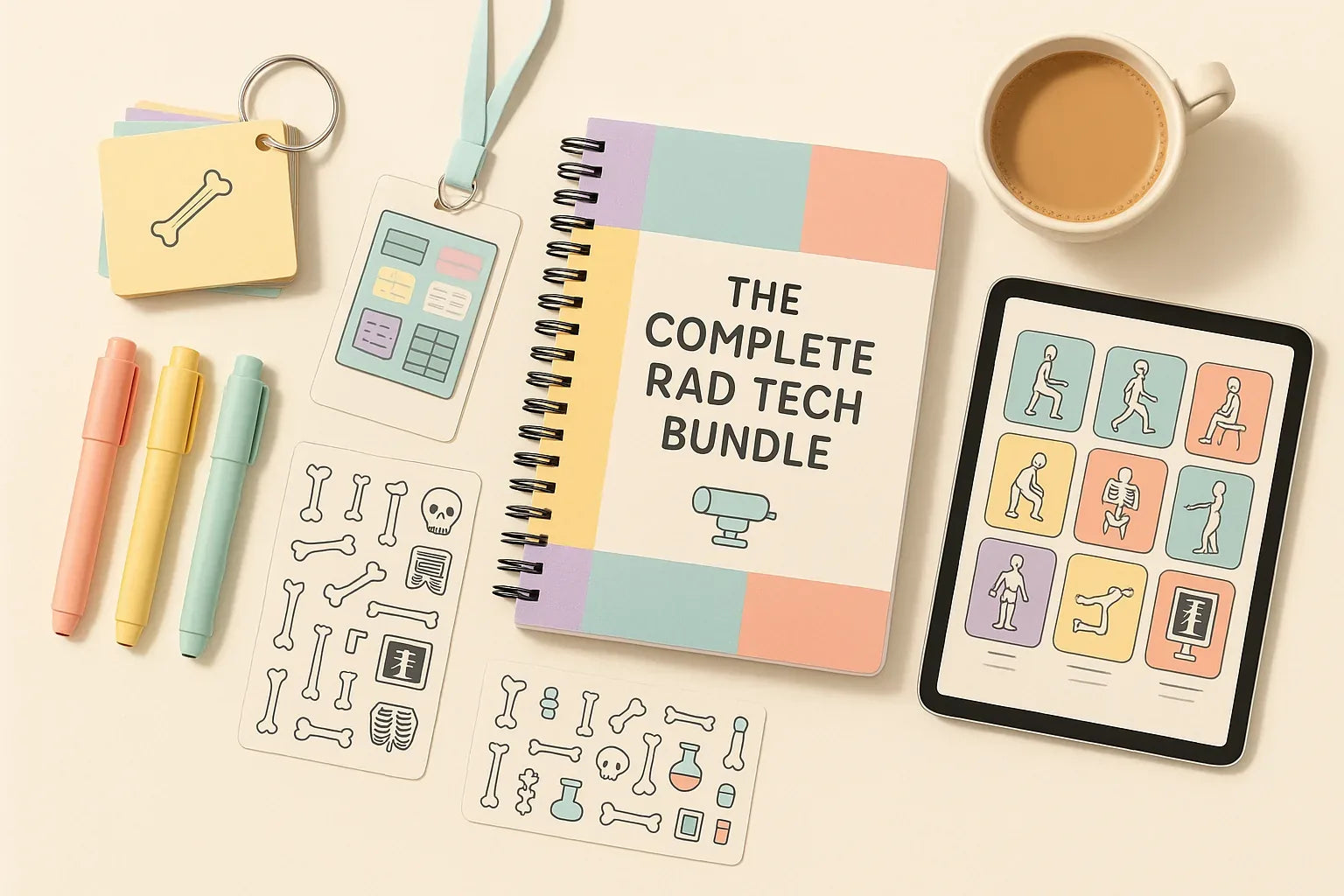 Flat lay of the bundle: spiral-bound book, flashcards, badge cards and iPad